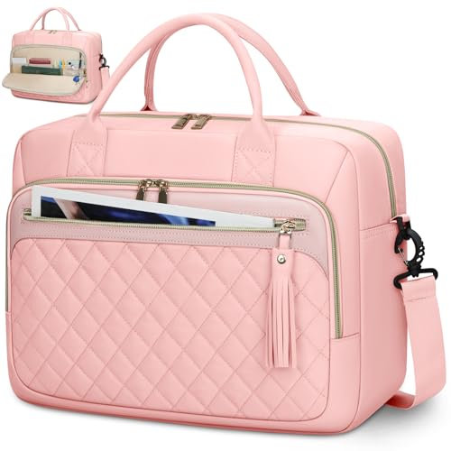 RAINSMORE Sacoche pour Ordinateur Portable 17 Pouces Sac Travail Femme Grande Sacs et Housses pour Ordinateur Portable Imperméable Mallette pour Femme Sac à Bandoulière Rose