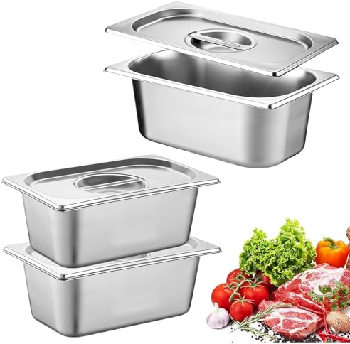 PORFOYO 3 Stück Gastronormbehälter Edelstahl Panierschalen Panier-Set mit Deckel, Panierstraße Rechteckig, Stapelbar Panierset, GN Behälter (GN 1/9 Behälter 17,6 x 10,8 x 10 cm)