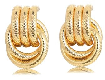 Ticome Chunky Gold Knot Earrings, Gold Statement Geometric Dangle Drop Earrings,Vintage Metal French Style Chunky Trendy Knot Stud Long Twisted Link Jewelry, Fashionable Jewelry Gifts