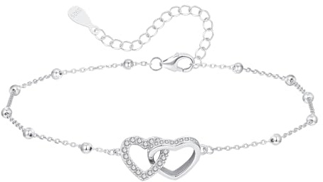Cangall Fußkettchen für Damen, 925 Sterling Silber Fussketten für Frauen, 22+5cm Verstellbar Sommer Barfuß Strand Silber Fußkettchen Armband, Filigranes Design mit Doppelt Herz Fußkette am Fußgelenk
