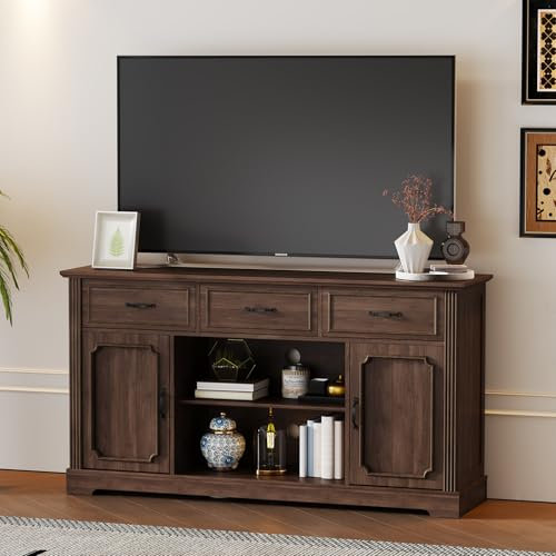 HOLTICO TV Stand Cabinet with 3 Drawers, Mid Century Wooden TV Stand Unit with Storage, Brown Modern Sideboard for 55/60/65 Inch Television, TV Units for Living Room, Bedroom