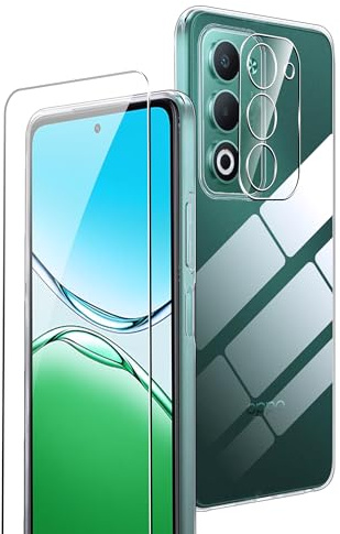 Rojeuinn Funda para OPPO A5 4G/5G/OPPO A5m+1 Piezas Cristal Vidrio Templado+1 Piezas Película Protectora de cámara Ultra Claro,dureza 9H,Suave, Ultrafina y Resistente a los Golpes - Transparente