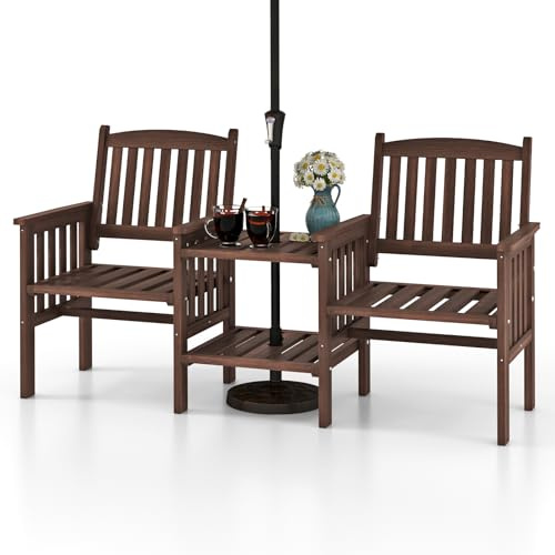 COSTWAY Gartenbank mit Tisch, 2-Sitzer Holzbank mit Schirmloch, Sitzbank aus Tannenholz bis 330 kg belastbar, Terrassenbank für Balkon, Garten, Terrasse, 165 x 60 x 88 cm