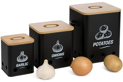Relaxdays Kartoffel Aufbewahrungsbox, Zwiebeln, Knoblauch, 3er Set, mit Löchern, Bambusdeckel, Metall, Farbwahl