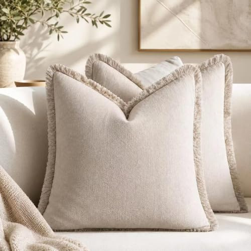 2er Set neutralen Baumwolle Quasten Kissenbezug,Kissenbezug Boho,Kissenbezug 45x45 Beige,Dekorative Leinen-Kissenbezüge,Boho-Stil mit Fransen,für Couch Sofa Schlafzimmer Wohnzimmer Heimdekoration