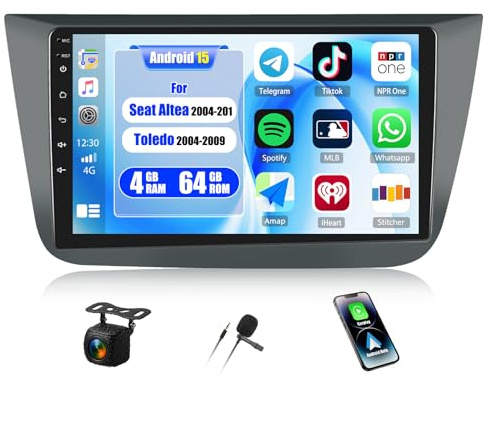 CAMECHO 4+64G Android 15 Autoradio 9 Pulgadas para Seat Altea 2004-2015 Toledo 2004-2009, Radio con GPS WiFi Inalámbrico Carplay Android Auto FM RDS Espejo Enlace HD Pantalla Táctil + Cámara Trasera
