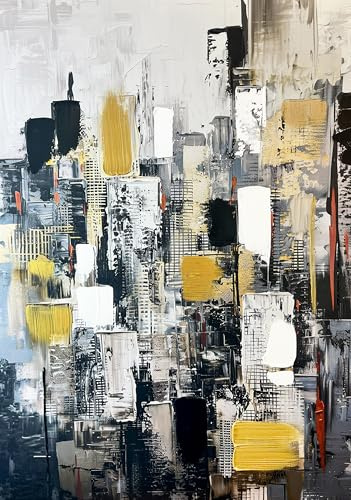 STYLER Leinwandbild Cityscape 70 x 100 cm – Abstraktes Canvas-Handpainting Stadtmotiv in Schwarz, Grau & Gold – Modernes Abstract Balance Wandbild