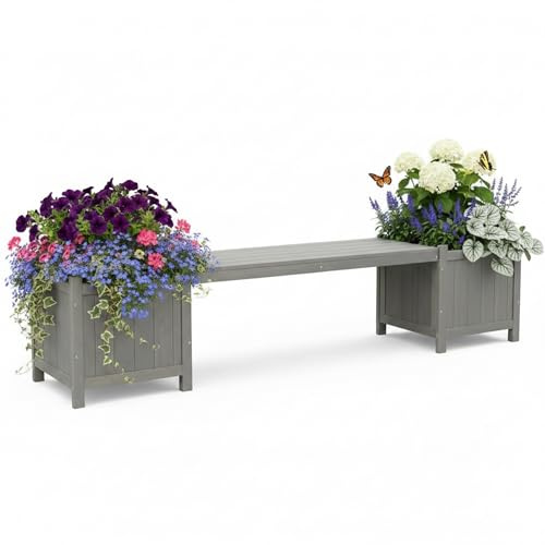 Mucola Gartenbank Holzbank mit 2 Blumenkästen imprägniert wetterfest Grau | Pflanzkasten, Sitzbank in einem, Platz für zwei Personen, Garten, Terrasse, Balkon, Aufbau ohne Spezialwerkzeug, Outdoor