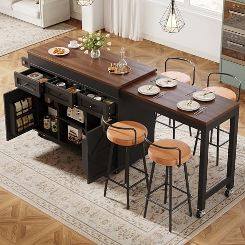 NNJN Isola cucina con vano portaoggetti, tavolo da pranzo allungabile tavolo da bar (131,5-210 cm), girevole a 360°, con cassetti e armadi, piano di lavoro versatile per cucina, sala da pranzo e