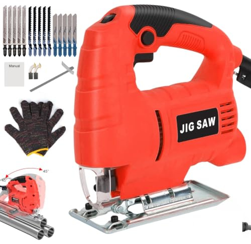 Uadme Elektro-stichsägen, 710W Elektrische Stichsäge mit 1,8m Kabel | 6 Variable Geschwindigkeiten, Max Holz Schnitttiefe 65mm, Stahl Schnitttiefe 10mm, 45° Schrägschnitte, 15 Blätter