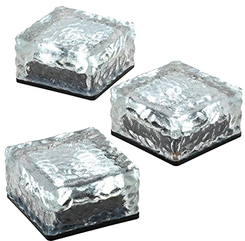 Nexos Trading 3er Set Solar Glasstein Pflasterstein Bodenleuchte Dekoleuchte mit 4 LED 10 x 10 x 4,5 cm robustes Milchglas mit Akku & Dämmerungssensor weiß