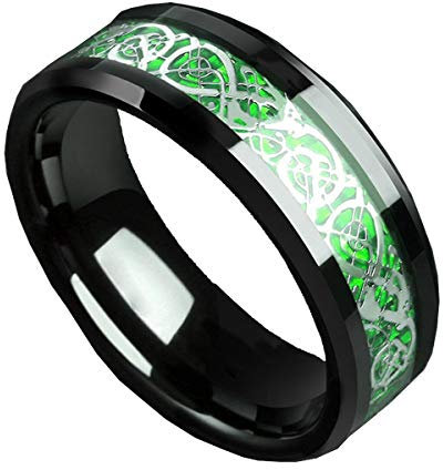 HIJONES Herren Celtic Dragon Grün Kohlefaser Schwarz Edelstahl Ring Ehering 8MM Größe 68