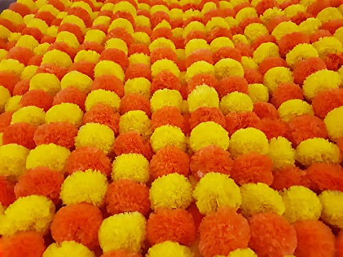 5 Pc Marigold Garland 5 Ft Long Strands of Artificial Marigold Flowers, Diwali Decorations Home, Indian Décor for Pooja, Wedding, Spring Bush Floral, Faux Garland, Día de Muertos Décor (Orange+Yellow)