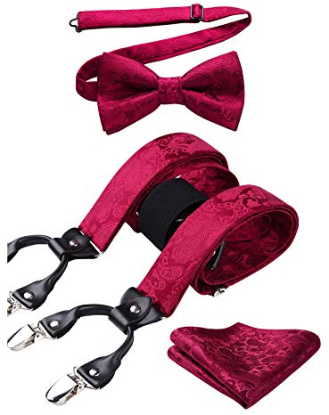 HISDERN rot Hosenträger und Fliege Set Herren Blumen Paisley Einstecktuch Y Style hosenträger mit 6 Clips Einstellbar für Hochzeit Anzug