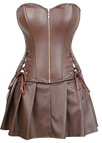 Grebrafan Conjunto Corset Cuero Steampunk y Mini Falda Mujer | Disfraces Halloween Pirata Mujer