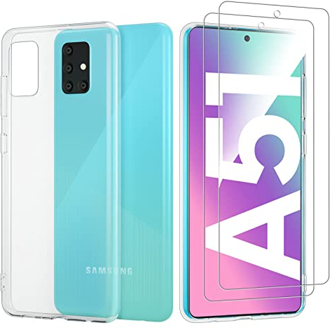 NEW'C Hülle für Samsung Galaxy A51 Ultra Transparent Silikon Weiches TPU Gel und 2 × Panzer Schutz Glas für Samsung Galaxy A51 - Anti Scratch