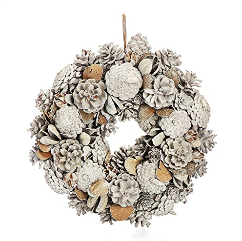 COM-FOUR® Türkranz für Weihnachten - weißer Adventskranz mit Zapfen und Blättern - Dekokranz - Weihnachtsdeko - Tischkranz - Weihnachtskranz