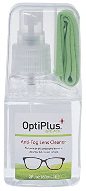 OptiPlus Anti-Fog Lens Cleaning Spray Kit l Cleaning Spray and Microfiber Cloth for Glasses, Laptops Screens, Smart Phones, Optical Lens, Goggles, Watch Screen and More l Defogging and Cleaning l 2oz