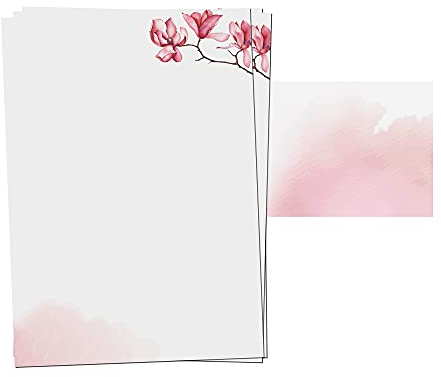 25er Set PRESENTOU Briefpapier beidseitig bedruckt 120 Gramm Papier | Motivpapier Urkundenpapier Urkunde Speisekarte Liebesbrief (Aquarell Blumen Rosa, 25 + 25 Bögen + Umschläge)