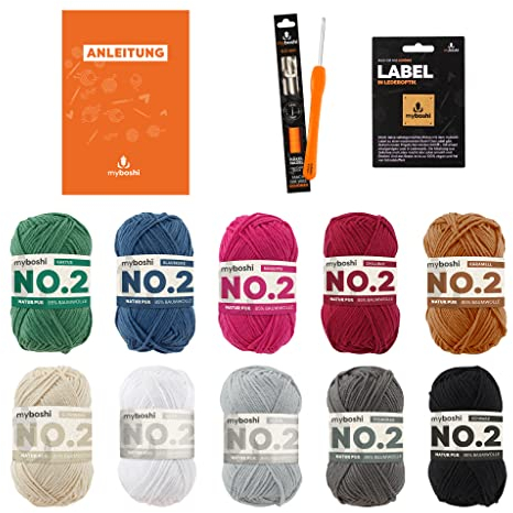myboshi Topflappen-Duo Wollpaket, No.2 Wolle, Häkelnadel, Topflappen-Anleitung, mit original Label, 10 Knäuel x 50g, Lauflänge 55m, Topflappen-Duo, 10 Knäuel + Häkelnadel