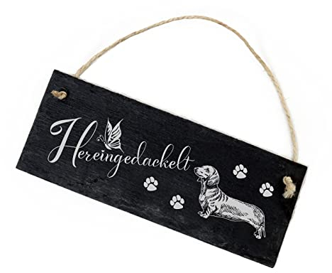 Schiefertafel Hereingedackelt - Schild Dackel Pfoten Motiv 22 x 8 cm