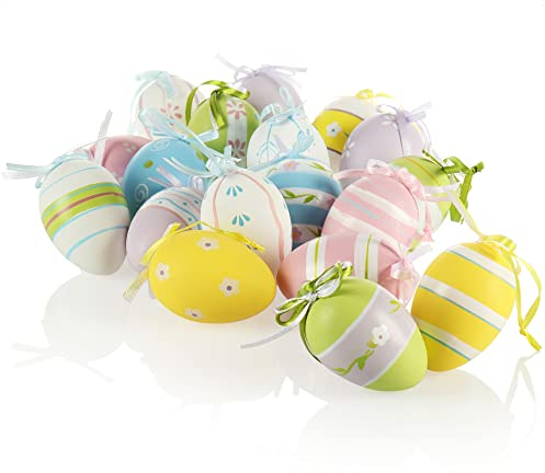 com-four® 18x Ganci Decorativi pasquali - Uova di Pasqua in plastica da Appendere - Uova di Pasqua Colorate per Il Bouquet Pasquale con Un Motivo (18 Pezzi - 6 Colori - Mix 2)