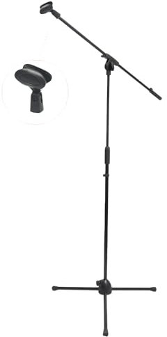 Microphone Stand with Boom Arm and reinforced plastic base with foldable legs regular mic clip/holder included
