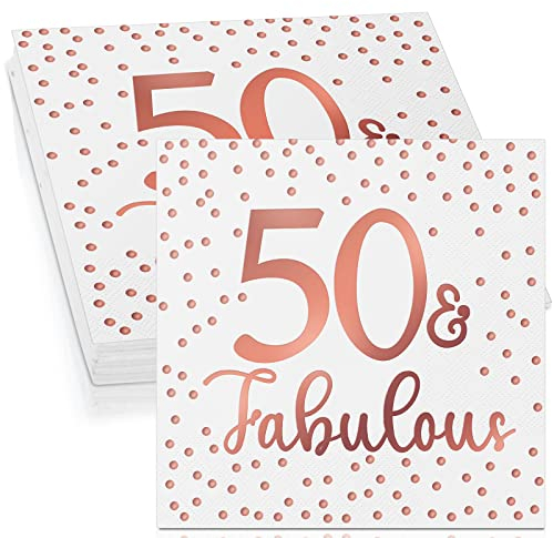 Tenare 40 Servietten zum 50. 60. 70. 80. 90. Geburtstag Glitzer Cocktailservietten Fabulous Papierservietten Einweg Party Servietten Set für Geburtstagsdeko Tischdeko, 3 Lagig (Weiß und Rosegold, 50)