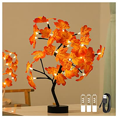 Herbstdeko LED Ahornblatt Baum Licht USB & Akku, 50cm 24 LEDs Schreibtisch Ahorn-Blätter Baumlicht Warmweiß, Herbst Dekoration Blätter Lichterketten für Erntedankfest, Halloween Weihnachten, Tischdeko