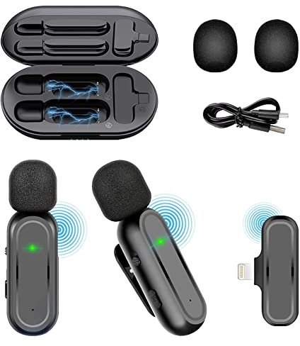 2 Packs Vincone Wireless Lavalier Lapel Microphone for iPhone iPad,Clip on Lapel Microphone Wireless for Video Recording/Interview/Live Stream,Plug-Play with Charging Case,Noise Reduction Auto-Sync