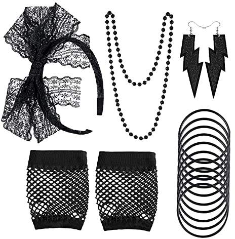 MIVAIUN 5 Stück 80er Jahre Kostüm Damen, 80er Retro Party Accessoires, Spitze Bogen Stirnband Neon Halsketten Armbänder Fischnetzhandschuhe Ohrringe, Neon 80 Jahre Outfit Party Mädchen (Schwarz)