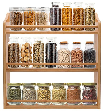 FoverOne Étagère à épices en bambou à 3 niveaux, 40 x 13 x 42 cm (L x l x H), support de pots à épices en bois, étagère d'assaisonnement pour bouteilles d'épices pour comptoir de cuisine ou montage