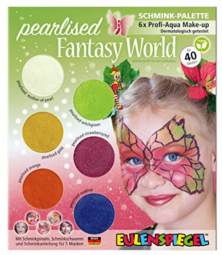 Eulenspiegel 207024 - Schmink-Palette Pearlised Fantasy World, Anleitung für 5 Fantasy Masken, Kinderschminke, Faschingsschminke