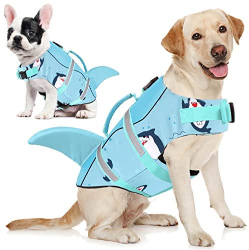 AOFITEE Schwimmweste Hund Große, Hundeschwimmweste Hai für Schwimmen, Hohe Flotation Rettungsweste mit Rettungsgriff und Reflektorstreifen für Kleine, Mittlere, Große Hunde, Grün M