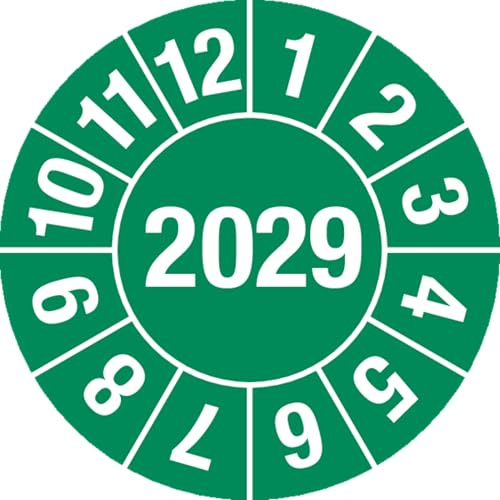 Prüfplakette - Jahresplakette Jahr: 2029, Dokumentenfolie, gelb, Ø 15 mm, 60 Stück je Bogen | Jahreszahl 4-stellig, Dokumentenfolie, Ø 15 mm, 2029, grün