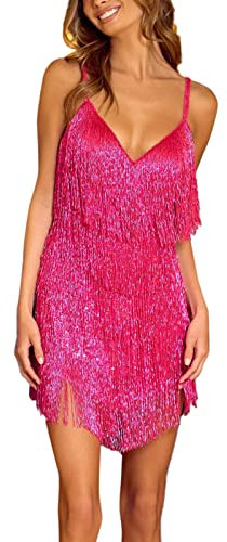 IQYU Abito da donna, con frange, senza maniche, scollo a V, sexy, per feste, da sera, vintage, alla moda, da cocktail, da ballo, sopra il ginocchio, cami bodycon, Rosa acceso., S