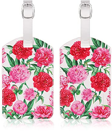 AUERVO Lot de 2 étiquettes de bagages, étiquettes de bagages en cuir, étiquettes d'identification pour valise, porte-carte de visite/étiquette de sac d'identité de voyage (pivoine)