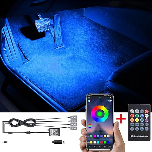 TABEN RGB Auto Fußraum Ambientebeleuchtung Kit APP-Steuerung + RF Fernbedienung, 16.7 Millionen Farben Sound Aktive Musik Sync USB Kabel Car Innenraum Fußraum Atmosphäre Licht DC 12V
