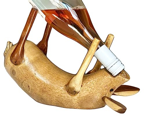 Darthome Drunken Pig Wine Bottle Holder Rustic Natural Wood Novelty Boozing Animal Rack 30x20x10cm