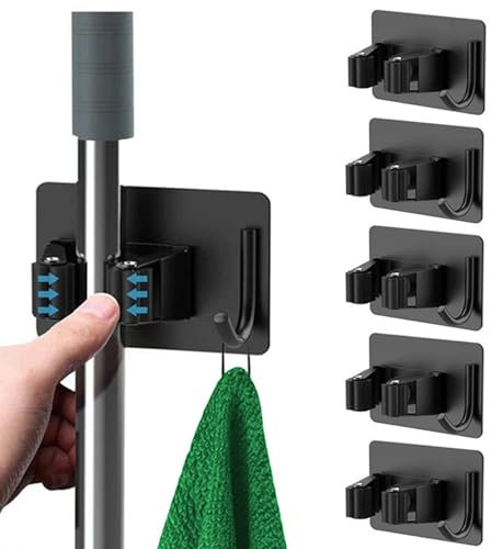 DQZSY 5 Pieces Broom Holder Wall self-Adhesive Holder Broom Adhesive Device Holder,Individual Broom Holder, No Drilling Wall Mount Scrubber Stainless Steel Tool