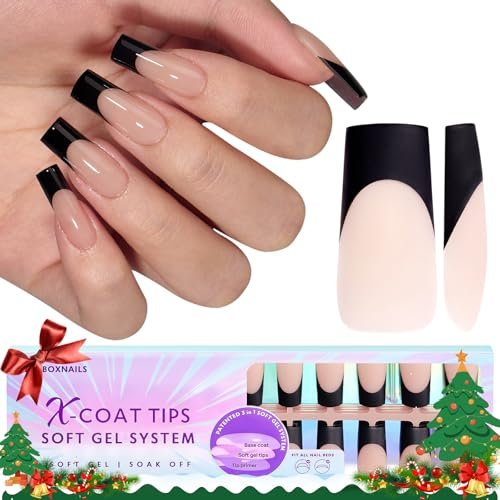 BTArtbox French Tip False Nails - 150PCS Black Long Square Nail Tips, XCOATTIPS Press on Nails French Tip, Soak Off Soft Gel Nail Tips for Gel Extensions in 15 Sizes