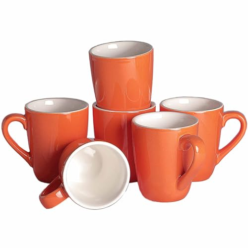 superyes Large Ceramic Mugs-Set of 6, 12oz(360ml) Barrel Tulip Shape for Cappuccino Latte, Easy-Grip Handle, Orange Yellow Glazed, White Interior
