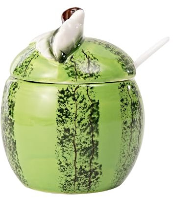KNBG Ceramics Fruit Shaped Sugar Bowl Salt Pot Pepper Storage Jar with Lid and Spoon Seasoning Box Condiment Pots (Watermelon-1)