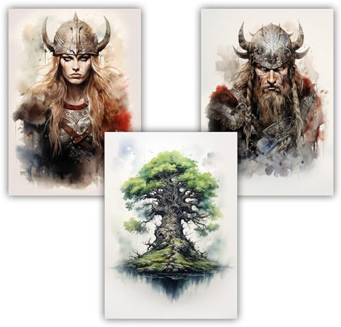 Samunshi® 3x Poster Wikinger Kunstdruck Set Schildmaid Yggdrasil Schildmaid Yggdrasil Bilder für Jugendzimmer Man Cave Deko Vikings DIN A3 29,7x42cm