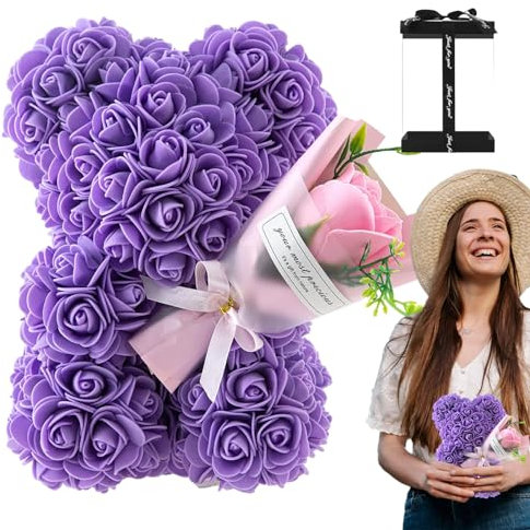 Ours en, Ourson À Fleurs Mignon avec Boîte Transparente, Ours en Ours Fleur, Ours Eternelle Cadeaux pour La Saint Valentin, Anniversaire, Mariage De Femmes (Violet)
