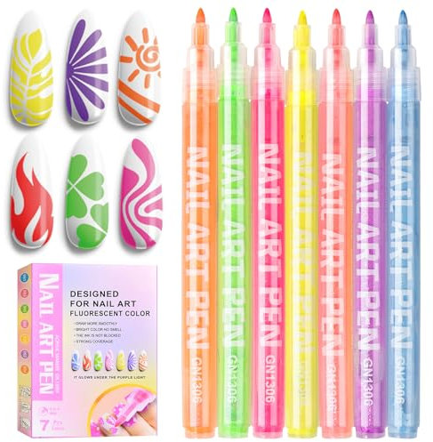 Nail Art Pens, Nail Polish Pen 3D Nail Art Tools for Nail Varnish Pens, 7 Fluorescent Colors Drawing Painting Point Pen, Nail Varnish Pens for Nails Art Design, Nail Art Kit for Home Salon