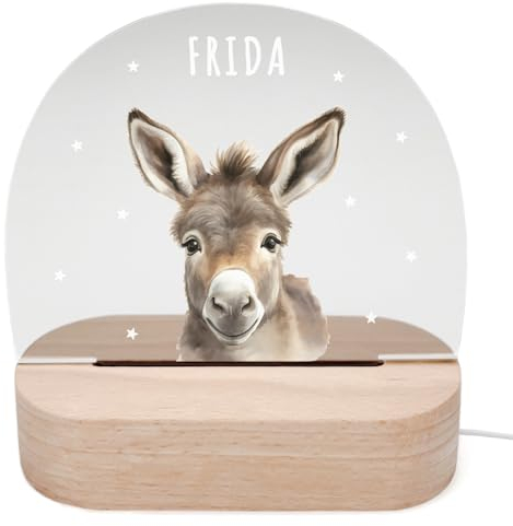 DEL MÀ Unique & Personal Personalisiertes Esel Nachtlicht Kinder & Babys Babyzimmer Deko Kinderzimmer Nachtlampe Mädchen Jungen Kinderlampe Inkl. Holzfuß & Netzteil