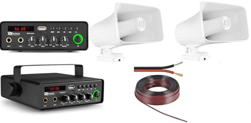 Kit Audio Megafono Filodiffusione all'Aperto Funzionamento 12 V e 220 V con 2 Altoparlanti con Amplificatore Bluetooth per Esterno Mezzi di Trasporto