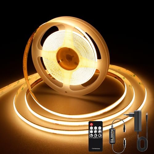 AXMOTUT COB LED Strip Lights 2m, 2700K Warm White Dimmable LED Strip, 640 LEDs Super Bright DC24V LED Light Strip CRI90+ with RF Remote and UKCA Power Supply for DIY Home Decoration