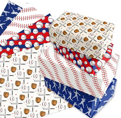 12 Blätt Baseball Geschenkpapierrollen,Doppelseitig Bedrucktes Geschenkpapier 4 Arten Geschenkpapier Blatt für Baseball Deko Geburtstag Kinder Abschlussfeier Kindertag Weihnachten